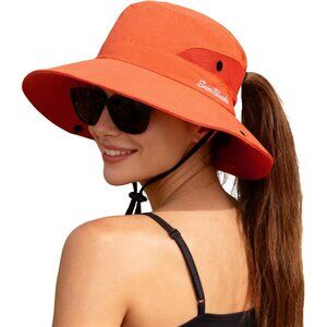 Women's Orange 100% Polyester Wide Brim Mesh Uv Protection Chin Strap Cowboy Hat